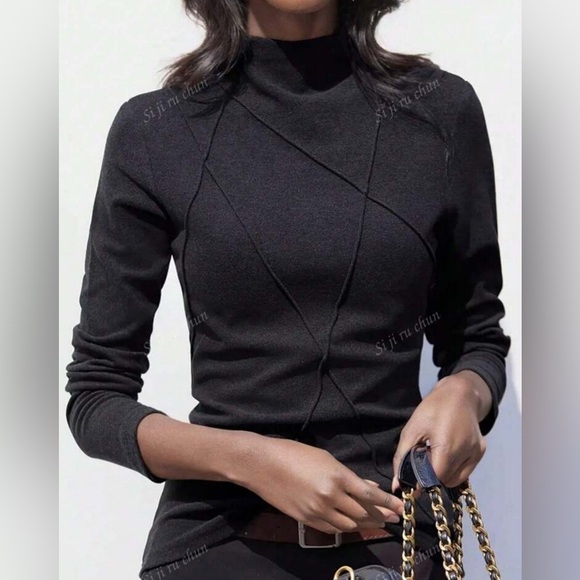 NEW Very Soft Black Women's Mock Neck Patchwork Style Sweater - Picture 3 of 4